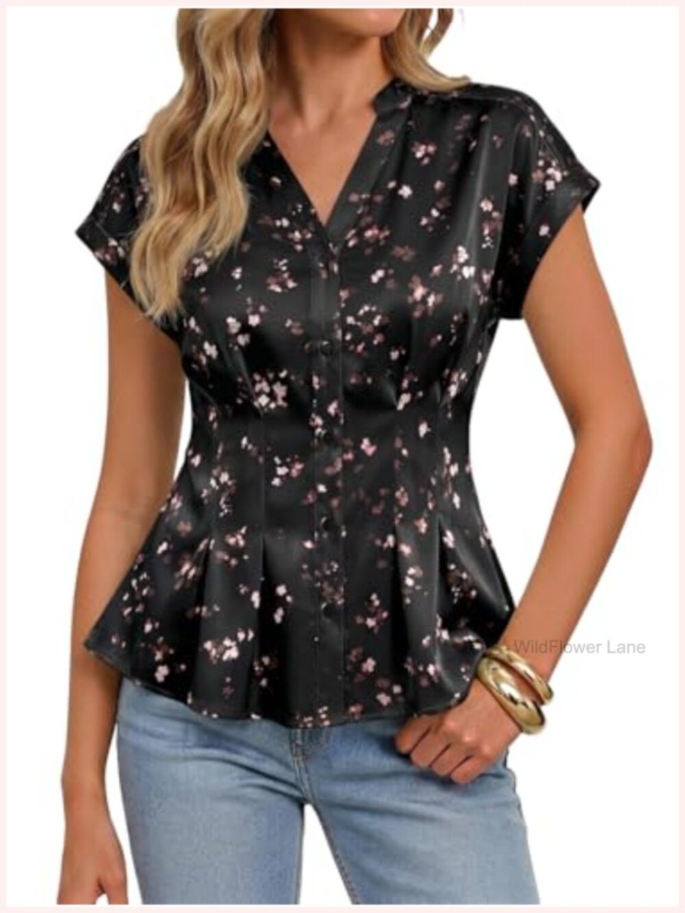 Satin Peplum Button Down Blouse V Neck Short Sleeve Work Top